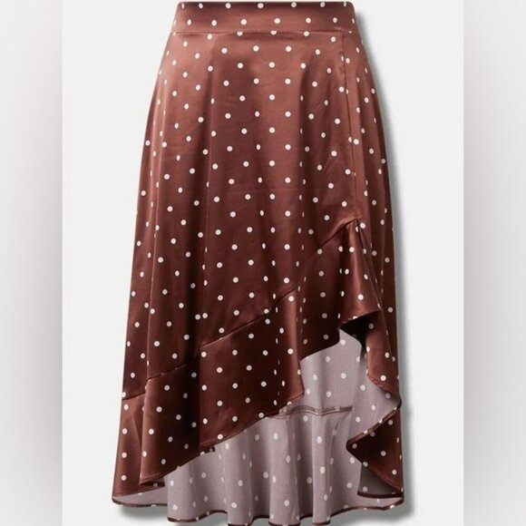 torrid Dresses & Skirts - [3]Torrid Midi Stretch Satin Hi-Low Asymmetrical Ruffle Polka Dots Skirt- NWOT